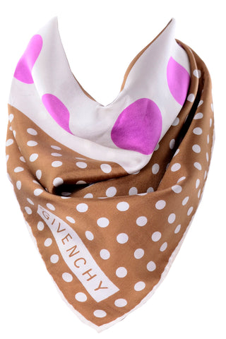 1980s Givenchy Brown and Pink Polka Dot Vintage Silk Scarf
