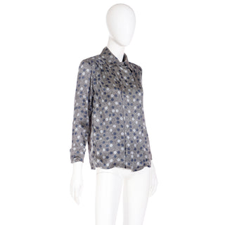 1970s Givenchy Grey Dot Print Silk Long Sleeve Blouse