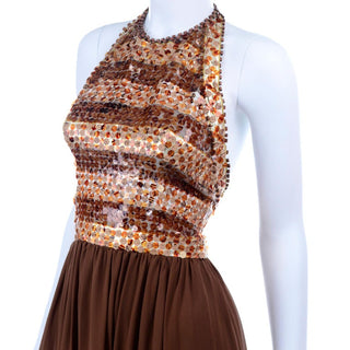 S/S 1996 Givenchy Vintage Brown Silk Halter Dress w Sequins & Beads