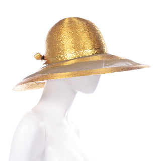 Frank Olive Vintage Gold Straw and Mesh Wide Brim Hat with bow