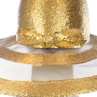 Frank Olive Vintage Gold Straw and Mesh Wide Brim Hat 80s with bow