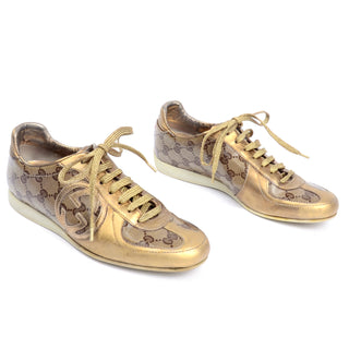 Gucci Gold Leather & Logo Canvas Trainers Sneakers W Original Box & Bag & laces