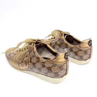 Gucci Gold Leather & Logo Canvas Trainers Sneakers W Original Box & Bag sz 36