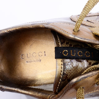 Gucci Gold Leather & Logo Canvas Trainers Sneakers W Original Box & Bag made in Italy