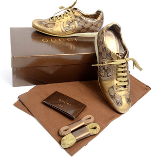 Gucci Gold Leather & Logo Canvas Trainers Sneakers W Original Box & Bag 36