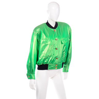 80s 1980s Vintage Escada Green Silk Bomber Jacket W Heart Lining