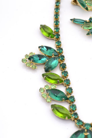 Green Crystal Vintage Necklace Earrings Clip