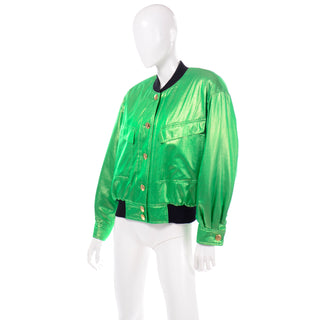 1980s Vintage Escada Green Silk Bomber Jacket W Heart Lining 80s