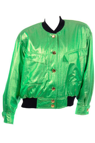 1980s Vintage Escada Green Silk Bomber Jacket W Heart Lining