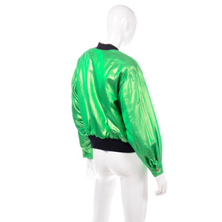 1980s Vintage Escada Green Silk Bomber Jacket W Heart Lining Iridescent