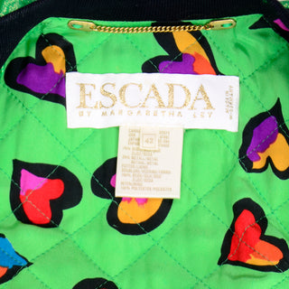 1980s Vintage Escada Green Silk Bomber Jacket W Quilted Heart Lining