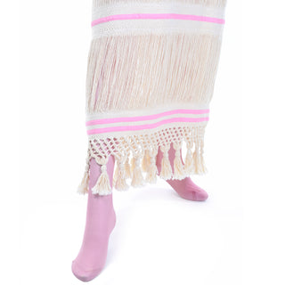 1960s Bohemian Linen Folk Dress w Peek a Boo Fringe & Pink Bodysuit Stocking