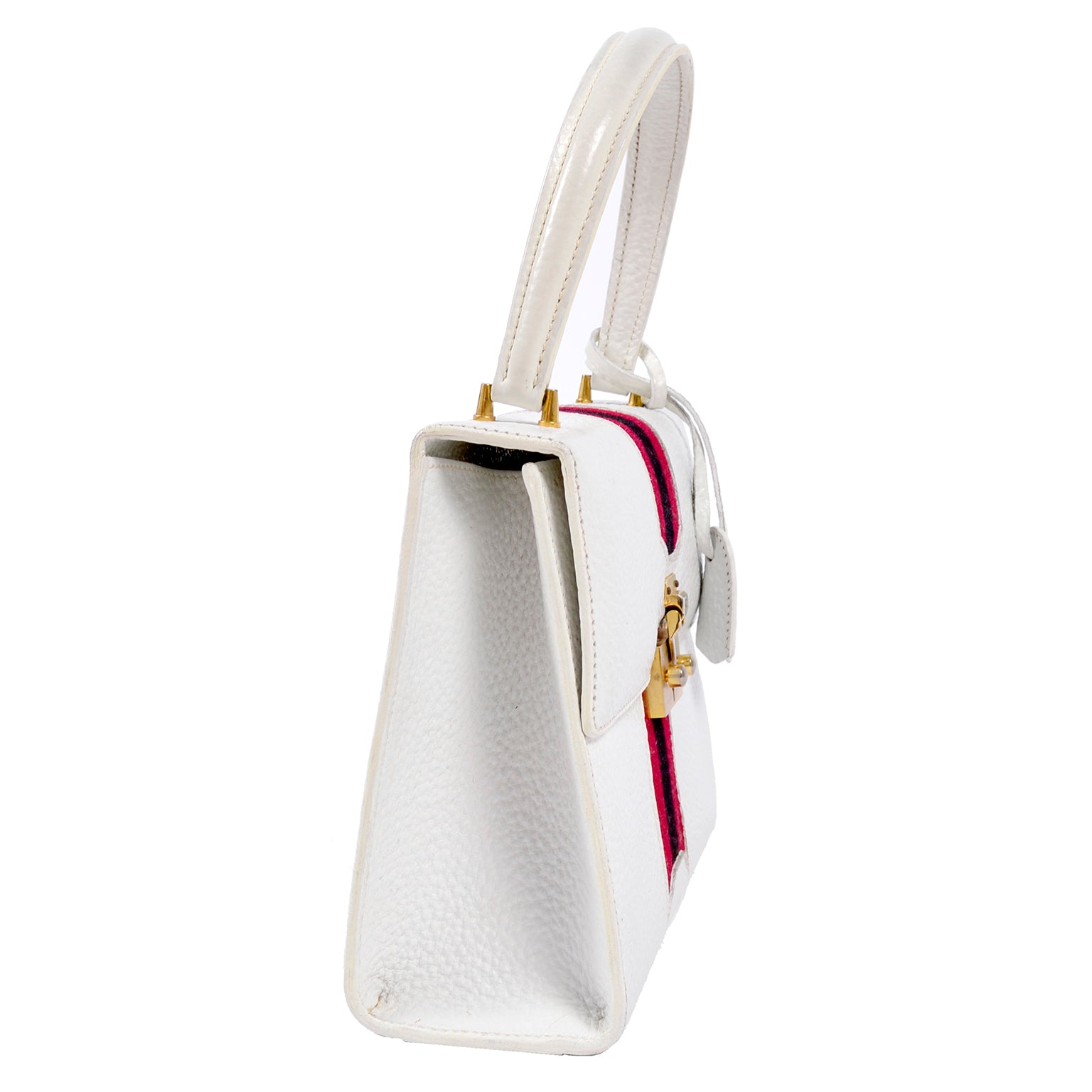 1960's Gucci Padlock Top Handle Handbag in White Leather With Stripes & Key  Lock