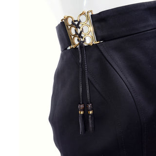 2011 Gucci Black Pencil Skirt W Gold Buckles & Leather Tassels Deadstock
