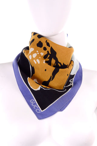 Gucci Vintage Blue Black and Gold Cotton Square Cheetah Scarf 19"