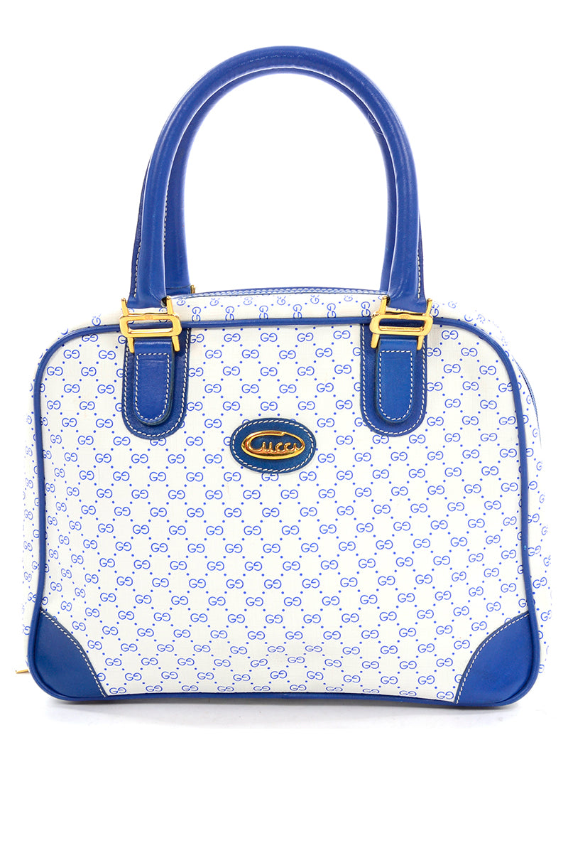 RESERVED // Gucci Handbag Monogram Boston Bag in Bright Blue & White W/  Script Logo