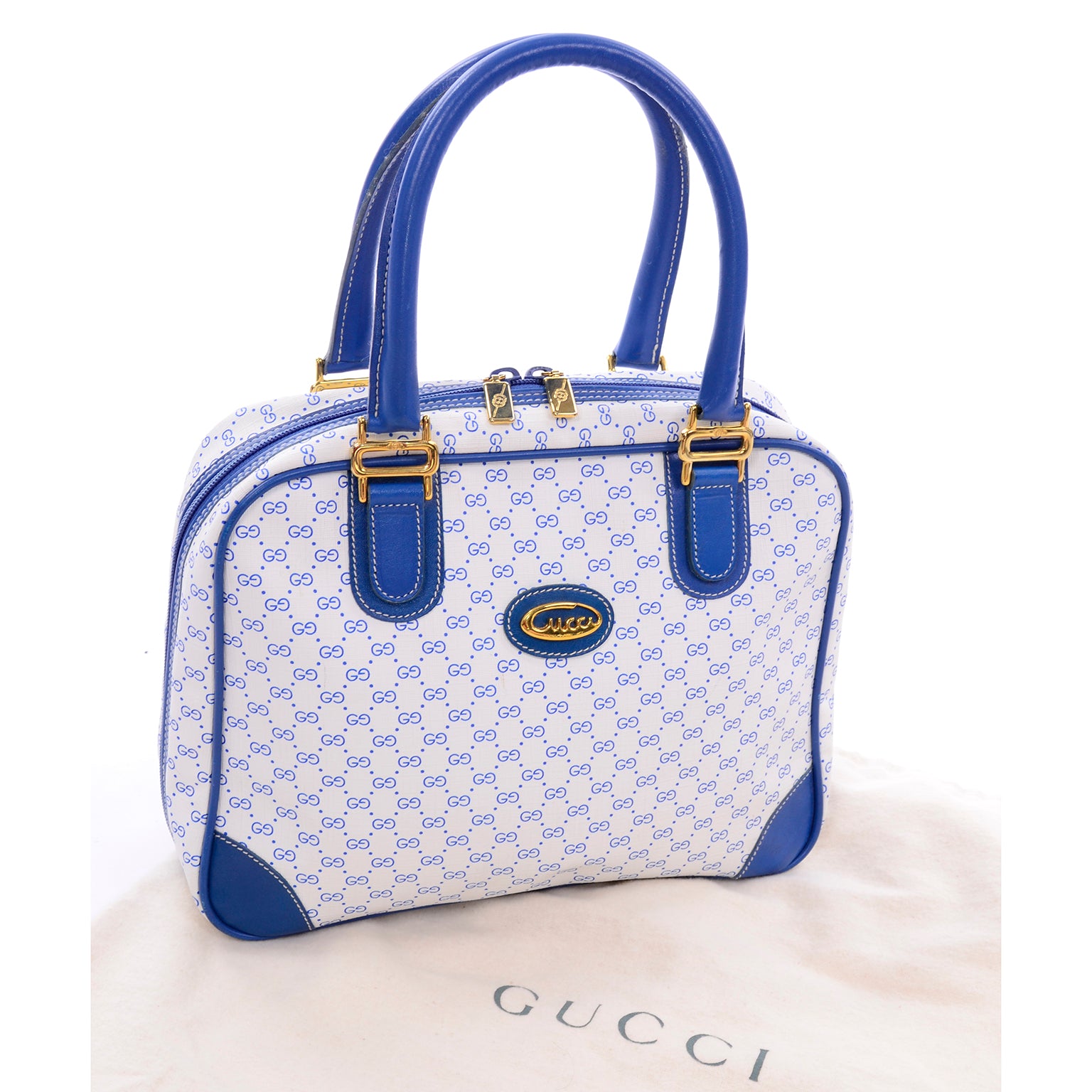 Large True Vintage 1980s Blue Gucci GG Rare Monogram Tote Bag