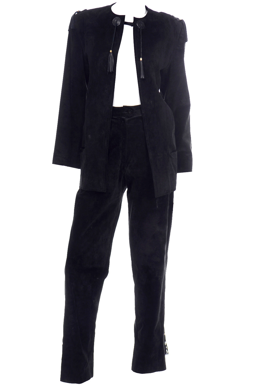 1970s Gucci Black Suede Pants Jacket Vintage Western Suit Size