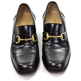 Gucci size 7.5 brown leather loafers with gold horsebit and block heel