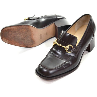 Gucci size 7.5 dark brown leather loafer vintage shoes with block heel and gold horsebit