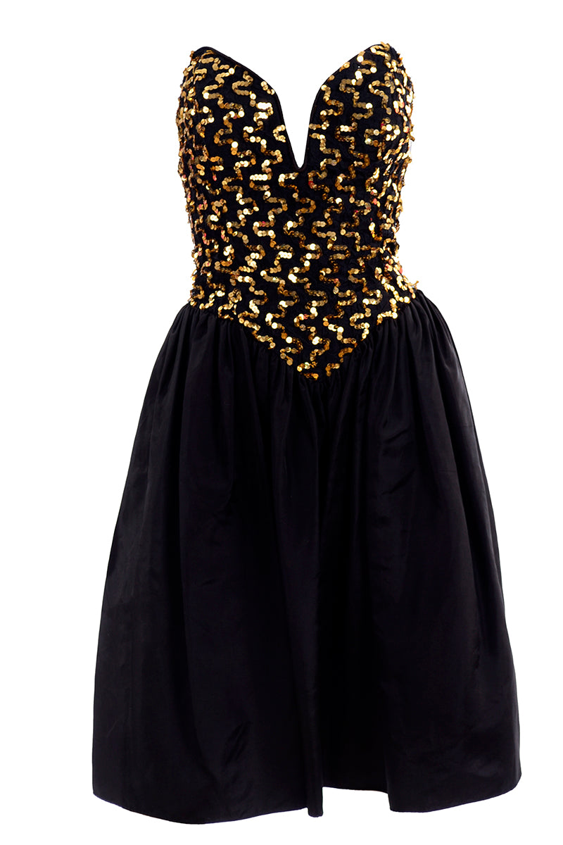 1980s Gunne Sax Vintage Strapless Black Party Dress w Gold Sequins Modig 1980s Gunne Sax Vintage Strapless Black Party Dress w Gold Sequins Modig
