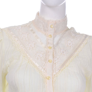 1970s Gunne Sax Cream Cotton Voile Victorian Style Blouse w/ Lace Detailing