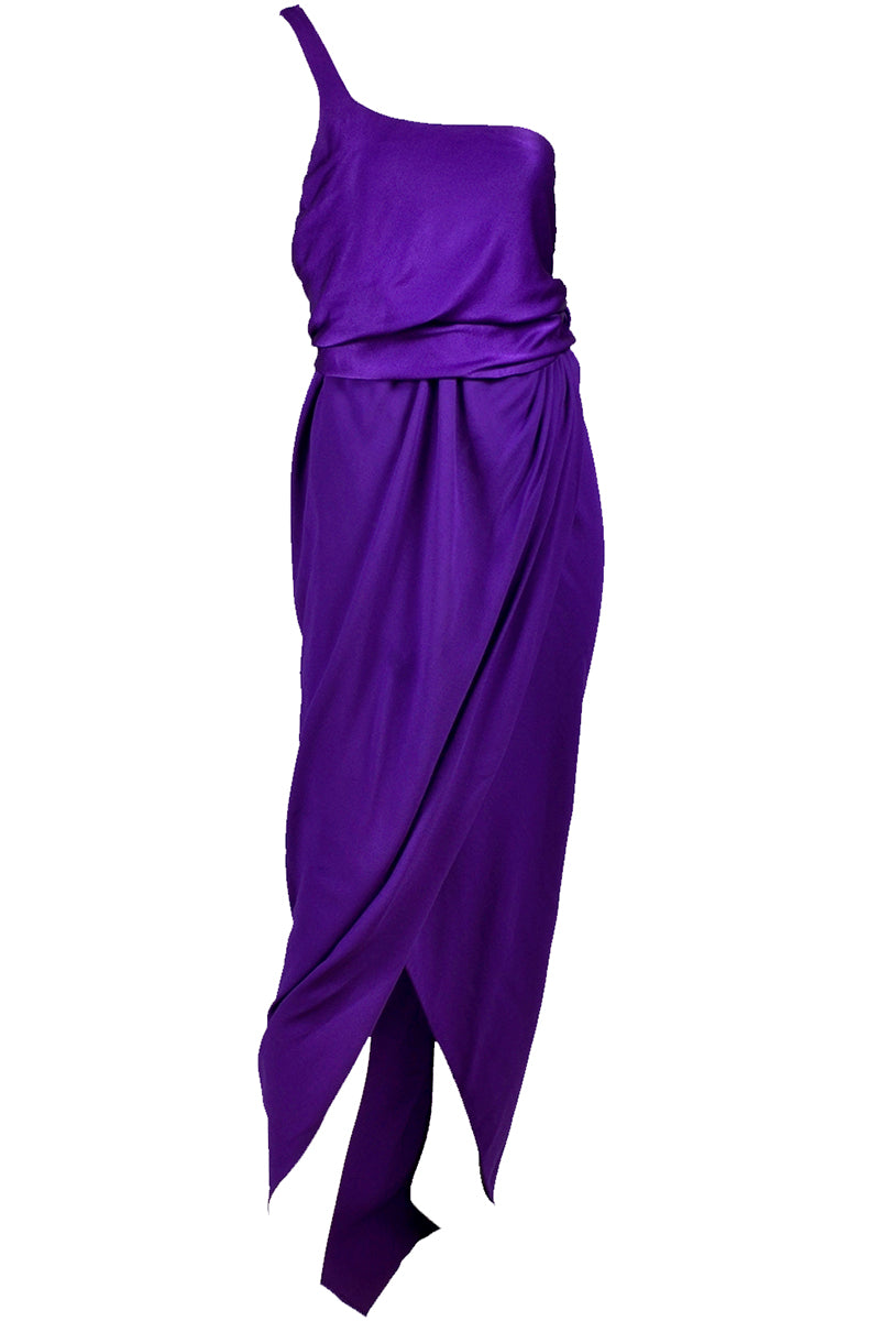 Halston Vintage Dress in Purple Jersey Grecian Style One Shoulder – Modig