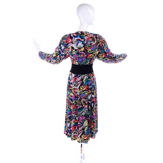 1980s Hanae Mori Colorful Dress w Elastic Waist Zip front