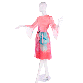 Hanae Mori Vintage Pink Striped Floral Chiffon Dress