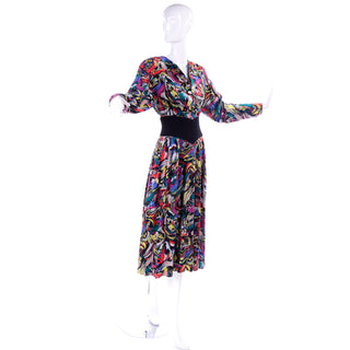 1980s Hanae Mori Zip Up Day Dress in Abstract Multi-Colored Chalk Print 6/8