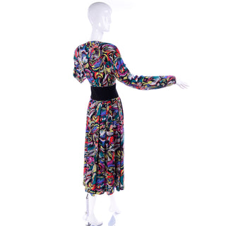1980s Hanae Mori Colorful Chalk Print Dress