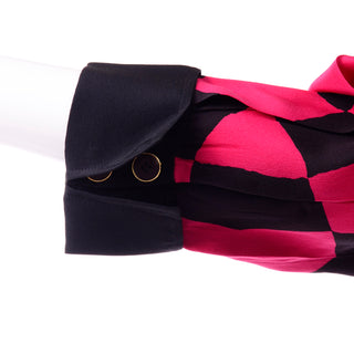 1980s Hanae Mori Red and Black Harlequin Geometric Print Silk Dress