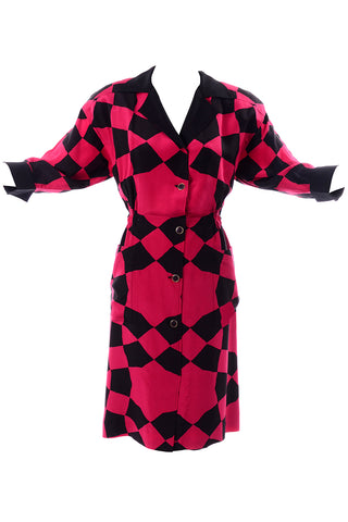 Hanae Mori 1980's Geometric Silk Black Red Dress