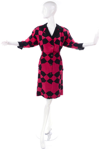 Vintage Hanae Mori 1980's Geometric Silk Black Red Dress