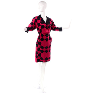 1980's Hanae Mori Geometric Harlequin Silk Black Red Dress