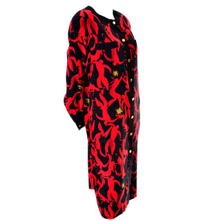Dancing Print Vintage Hanae Mori Red & Black Silk Dress