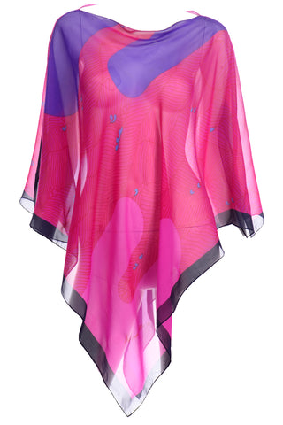 Hanae Mori Vintage Pink & Purple Silk Chiffon Poncho Style Top