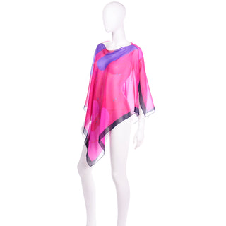 Hanae Mori Vintage Pink & Purple Silk Chiffon Poncho Style Top One Size