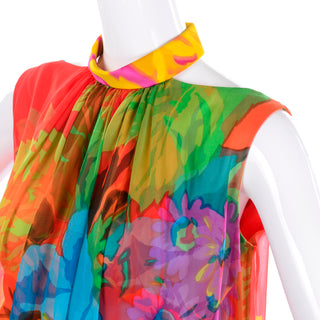 1960s Hanae Mori Silk Floral Long Halter Dress w/ Low Scoop Back
