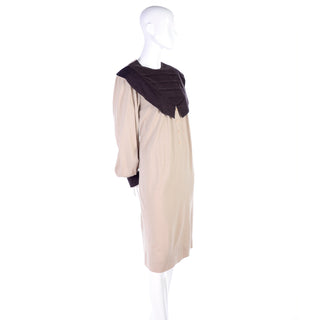 Vintage Hanae Mori Tan & Brown Dress w/ Large Pleated Pilgrim Collar