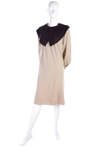 1980s Hanae Mori Two Tone Neutral Dress w/ Exaggerated Collar