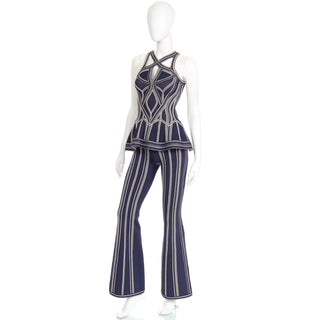 2016 Herve Leger Blue Runway Bodycon Cutout Top and Flared Pants Outfit
