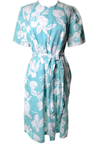 David Brown 1970's House Dress with Tropical Light Teal and White Hibiscus Print and Belt Medium - Dressing Vintage