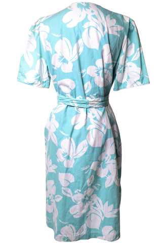 David Brown 1970's House Dress with Tropical Light Teal and White Hibiscus Print and Belt Medium - Dressing Vintage