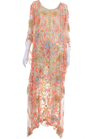 Vintage Beaded Sequin Peach Silk Caftan Evening Dress rare