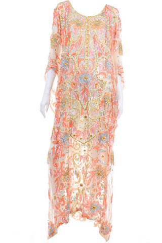 Vintage Beaded Sequin Peach Silk Caftan Evening Dress
