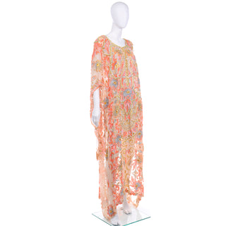 Vintage Beaded Sequin Peach Silk Caftan Evening Dress Dramatic