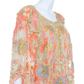 Vintage Beaded Sequin Peach Silk Caftan Evening Dress with gold embroidery