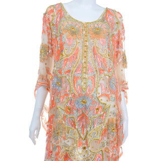Sheer Vintage Beaded Sequin Peach Silk Caftan Evening Dress