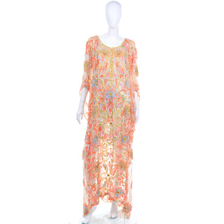 1980s Vintage Beaded Sequin Peach Silk Caftan Evening Dress